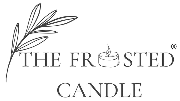 The Frosted Candle logo featuring a line-art olive branch and a small frosted candle illustration on a white background.